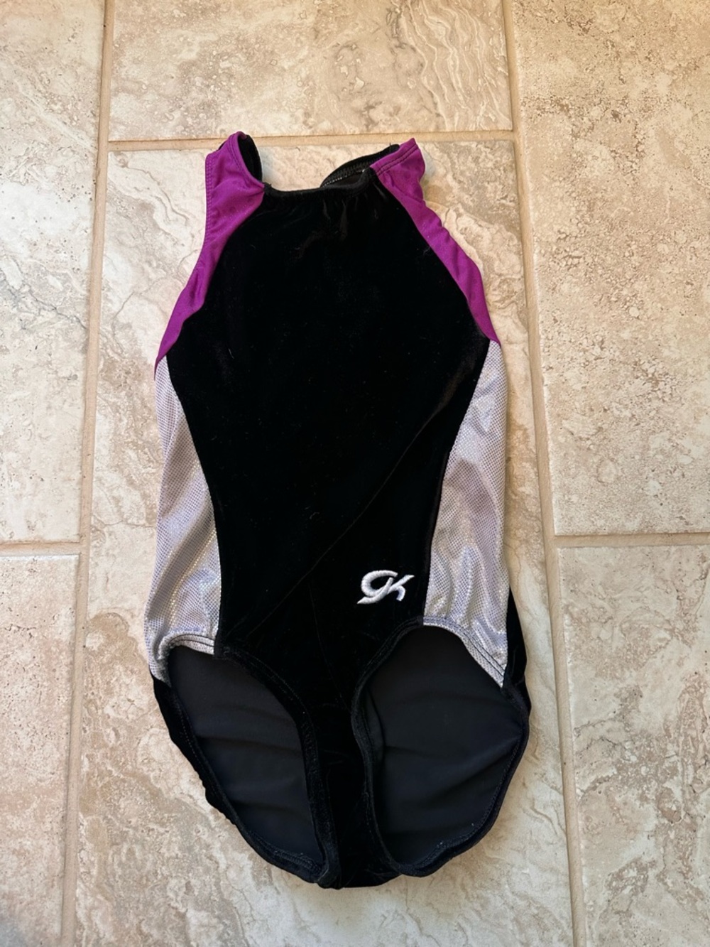 GK Women's racerback Black Velvet Leotard Purple and Silver, child medium